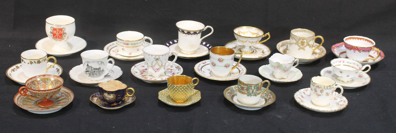 Lot of 17 tea cups & saucers in various patterns by various makers: Lot of 17 tea cups & saucers in various patterns by various makers