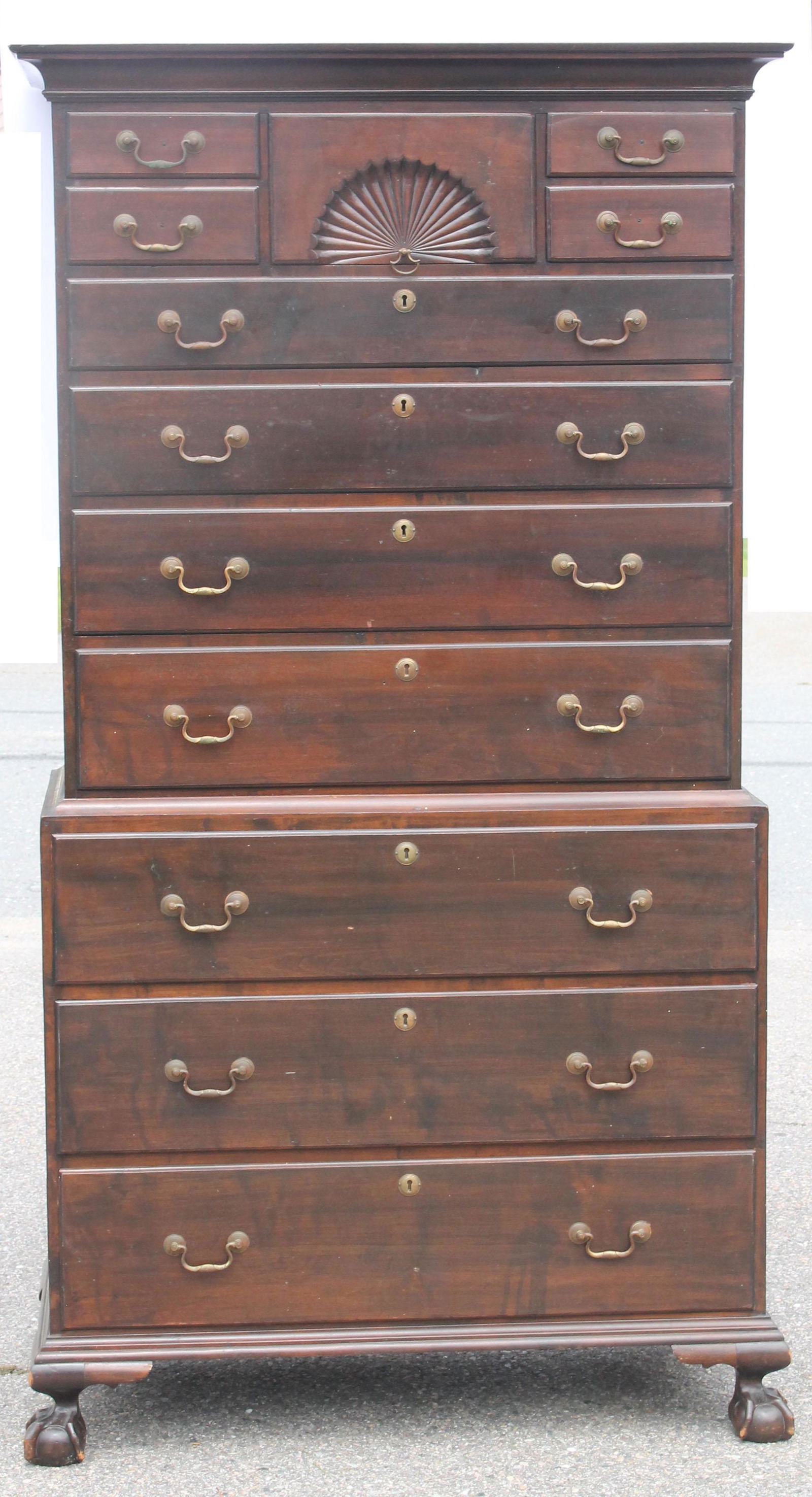 18thC maple chest on chest w fan carved upper drawer & ball & claw feet - 77" tall x 39 1/2" wide x (1 of 10)