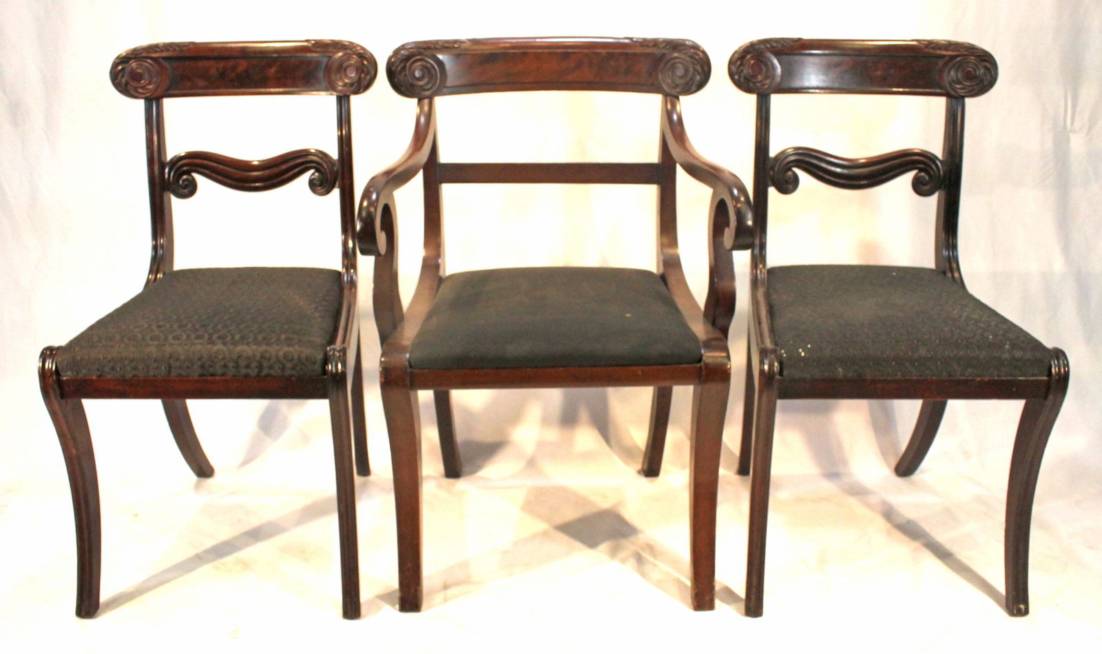 Set of 3 carved mahogany dining chairs incl 1 armchair & 2 sidechairs w black upholstered seats & (1 of 6)