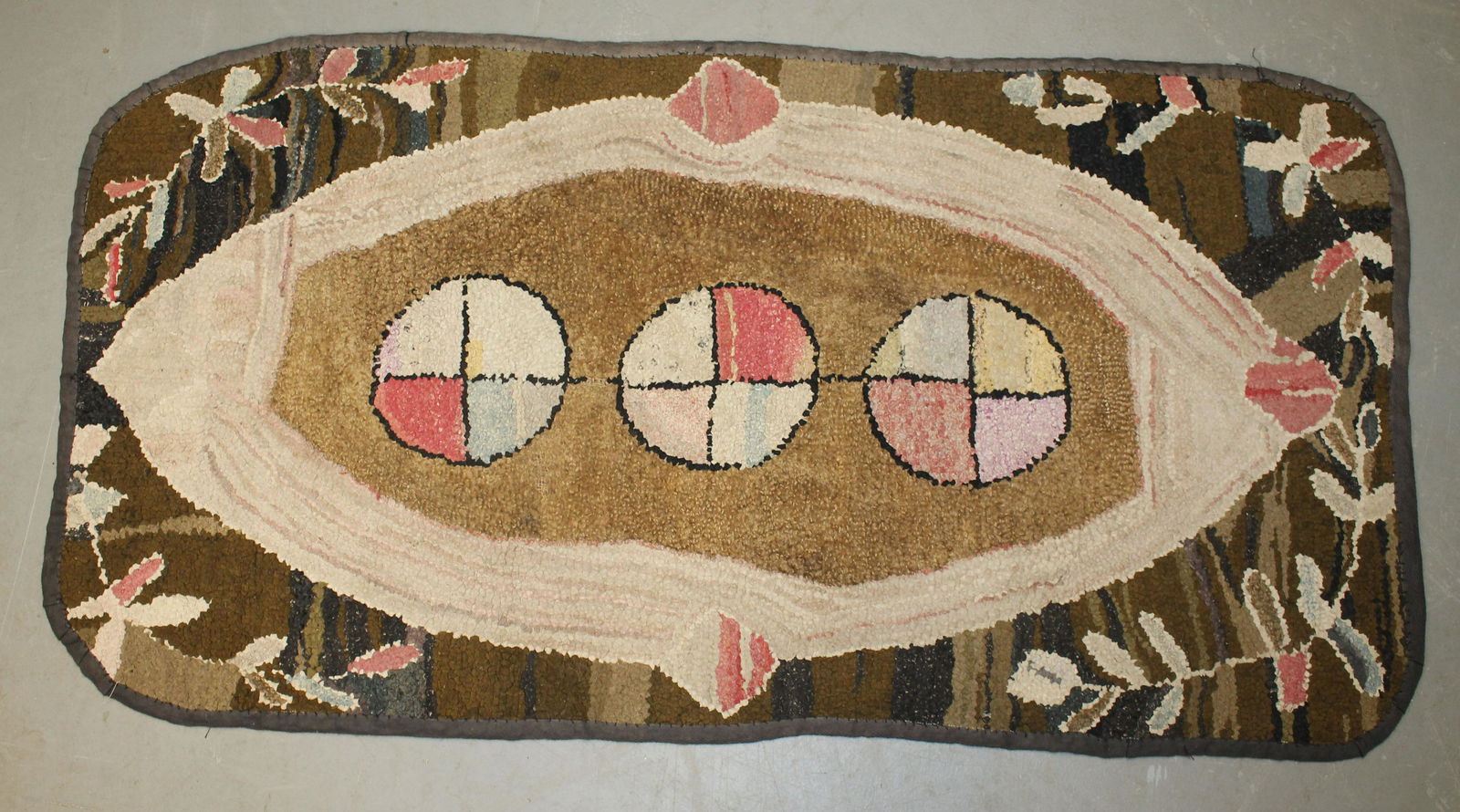 Hooked rug w 3 center balls & leaf border dec - 22"x44" (1 of 6)