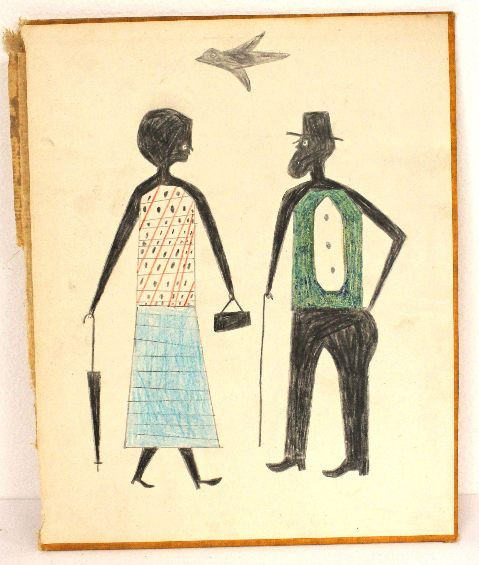 Great Folk Art drawing in the manner of/attrib to Bill Traylor: Great Folk Art drawing in the manner of/strongly attributed to Bill Traylor â€“ done on back cover of a text book and â€œBill Traylor” written on verso â€“ Provenance - from the pe