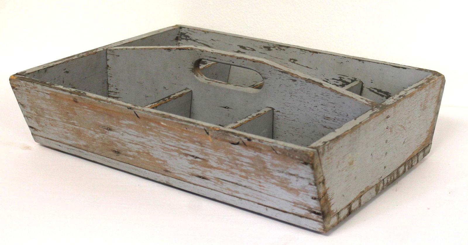 Antique tool carrier in gray paint - 15" long x 11 1/2" deep x 4" tall (1 of 6)