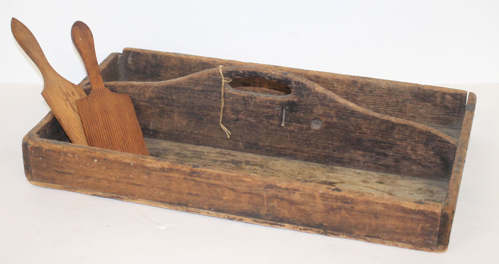 Antique utility tray in attic surface w 2 wooden butter workers - 19" long x 11" wide x 4 1/4" tall (1 of 6)