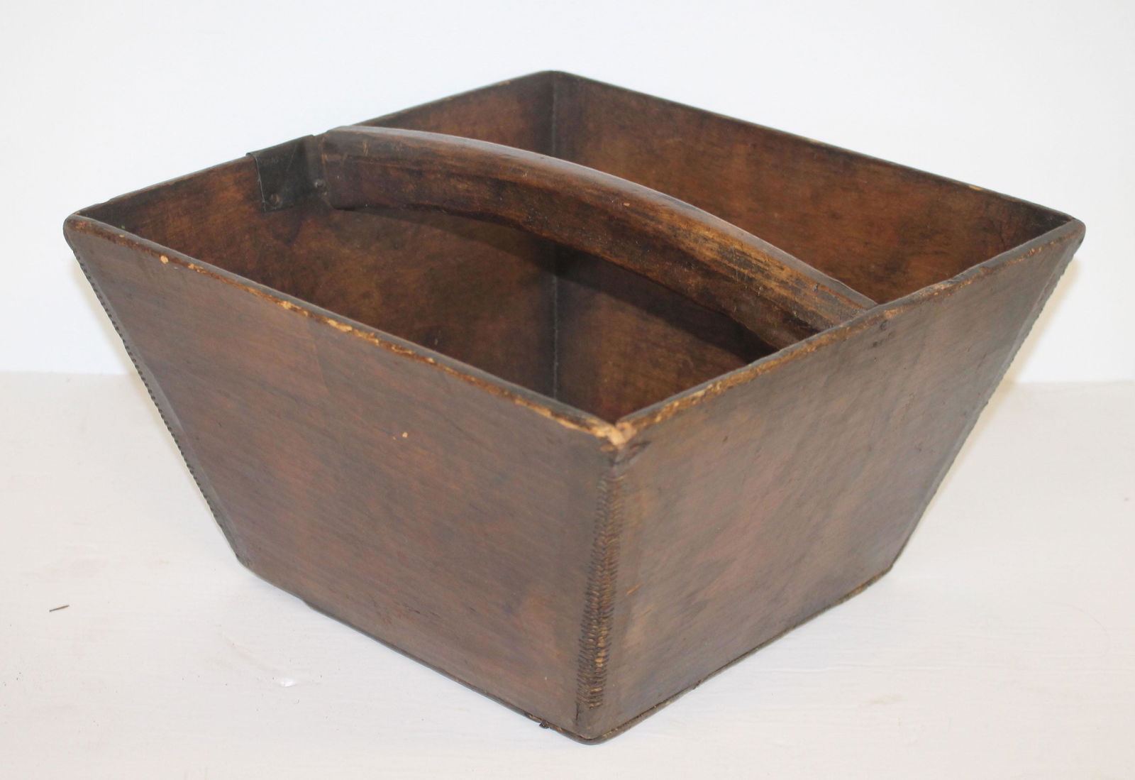 Primitive square deep utility tote w make-do repair - 14"x14"x8 1/2" tall (1 of 5)