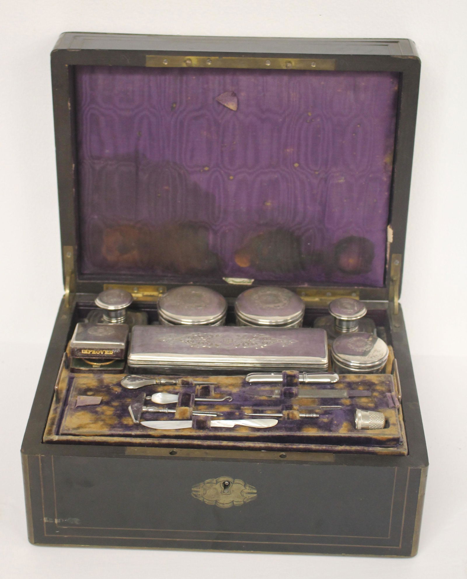 Antique travel grooming box w French silver lidded boxes & accessories orig sold by â€œTiffany, (1 of 10)