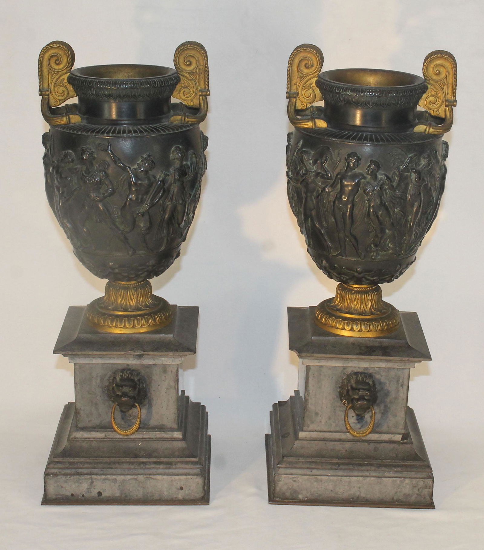 pr of French bronze urns on iron bases w brass & bronze applied dec - 16" tall x 6" square base (1 of 5)