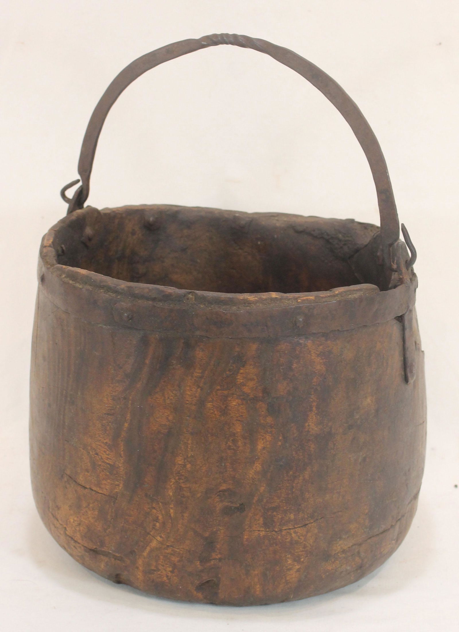 Antique burl bucket w iron rim & bail handle - as found - 9 1/2" diam x 7 1/2" tall (1 of 5)