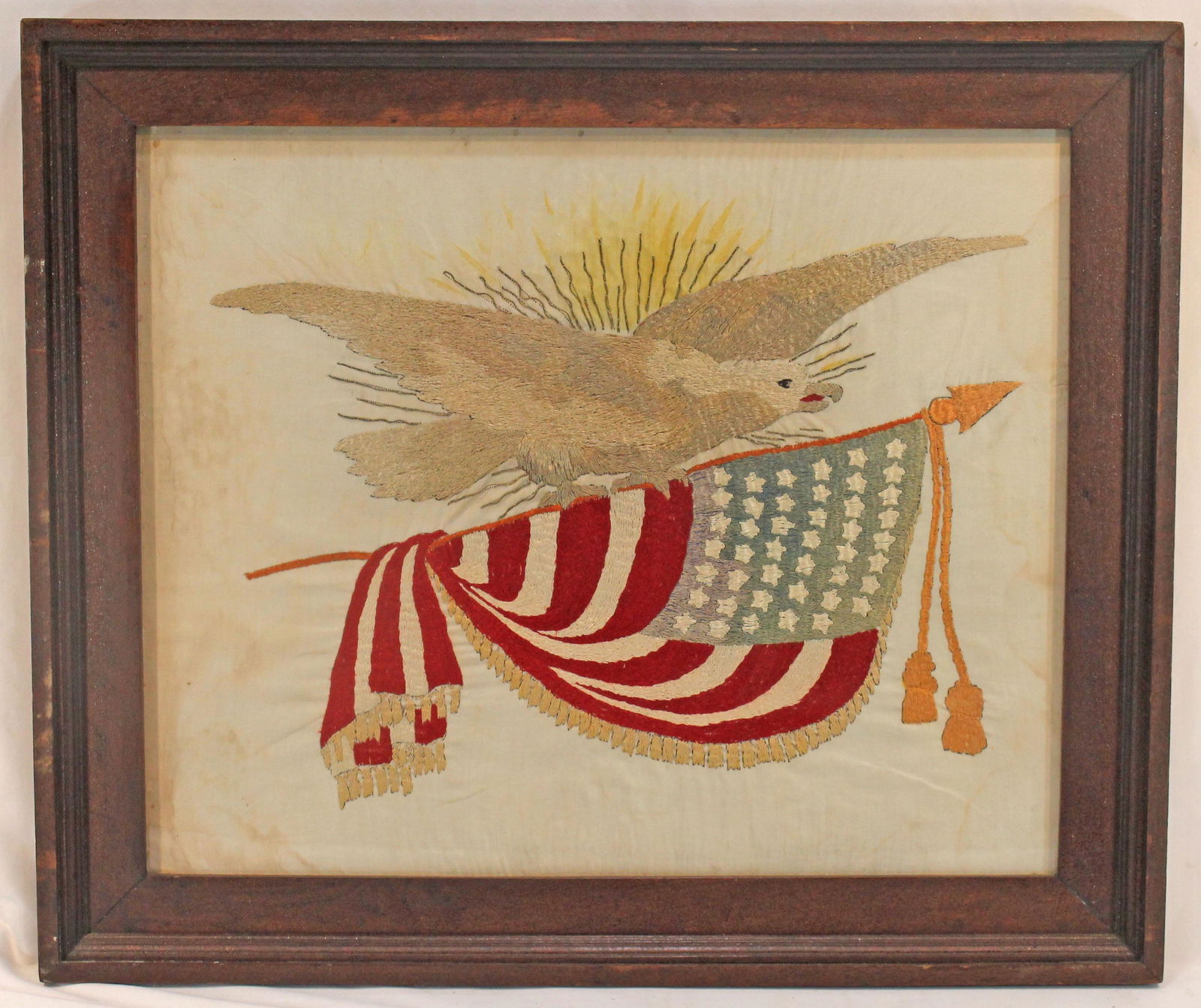Antique embroidery of an eagle carrying a 44 star American flag - 22"x26 1/4" overall framed size (1 of 7)