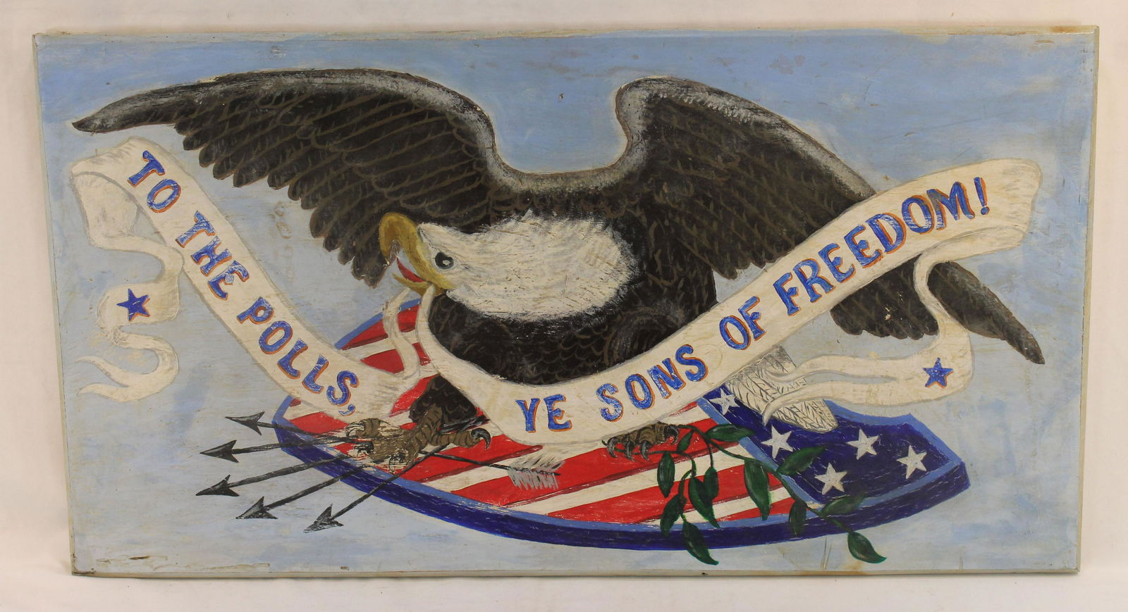 Patriotic oil on wood panel depicting an eagle carring a shield "To The Polls Ye Sons of Freedom!" - (1 of 3)