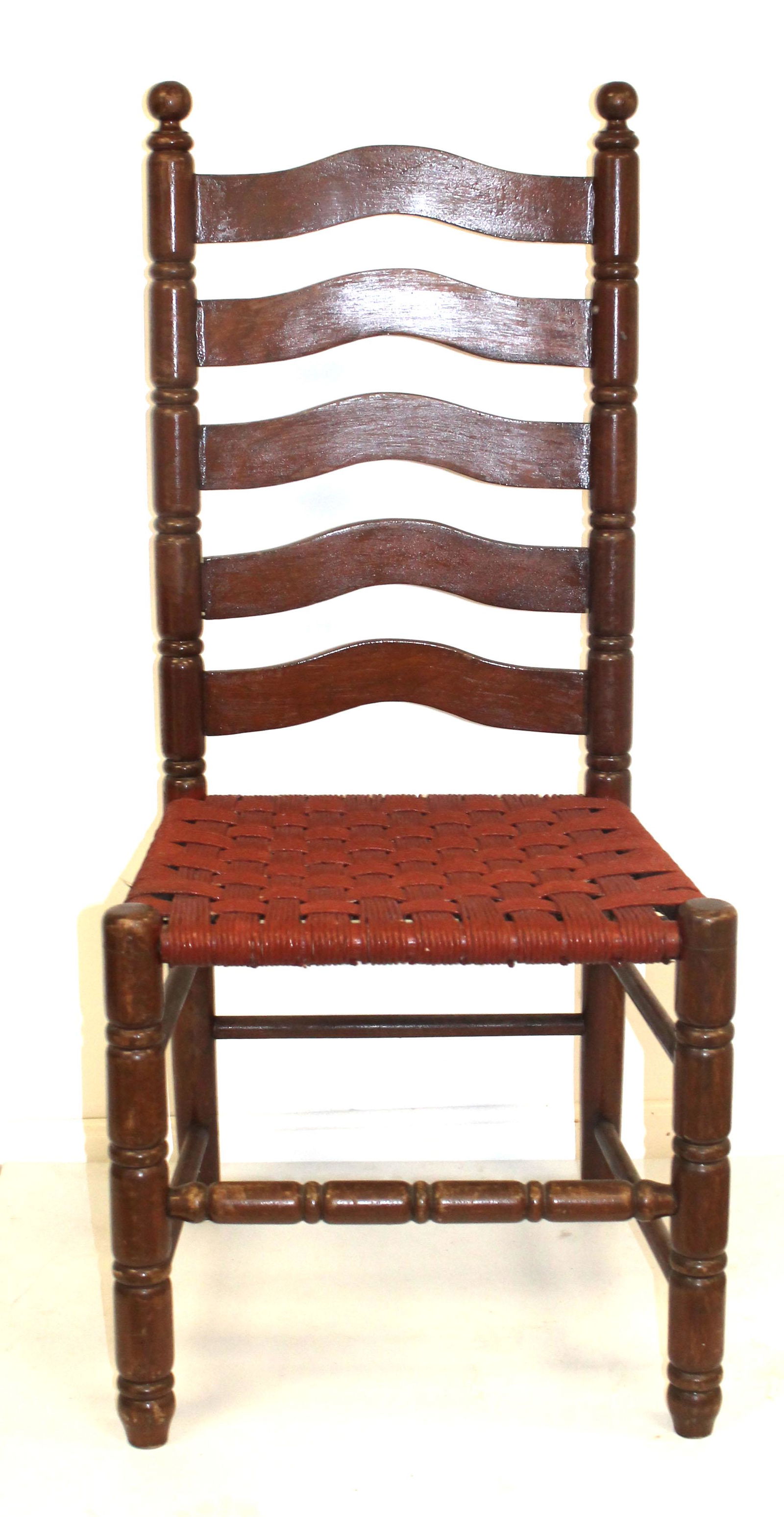Antique ladderback chair w sausage turned legs & painted red rush seat (1 of 5)