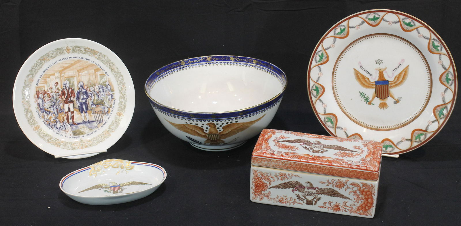 Lot of eagle/Patriotic decorated porcelain incl covered 8"x4" box, large 10" diam bowl, 8 1/2" & 10" (1 of 12)