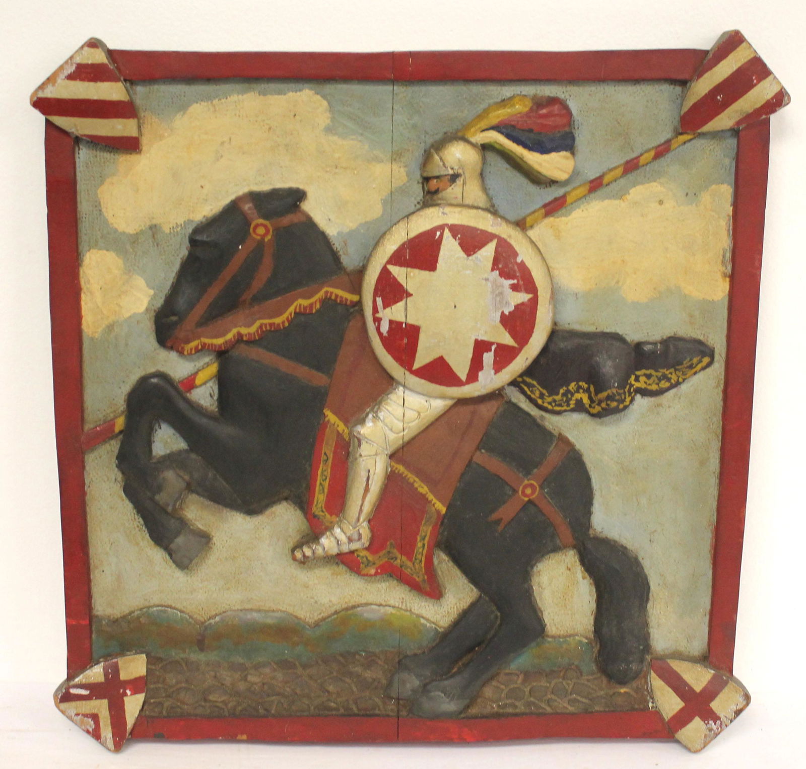 Carved & painted wall plaque w knight on horseback carrying star decprated shield - 18"x17 1/2" (1 of 6)