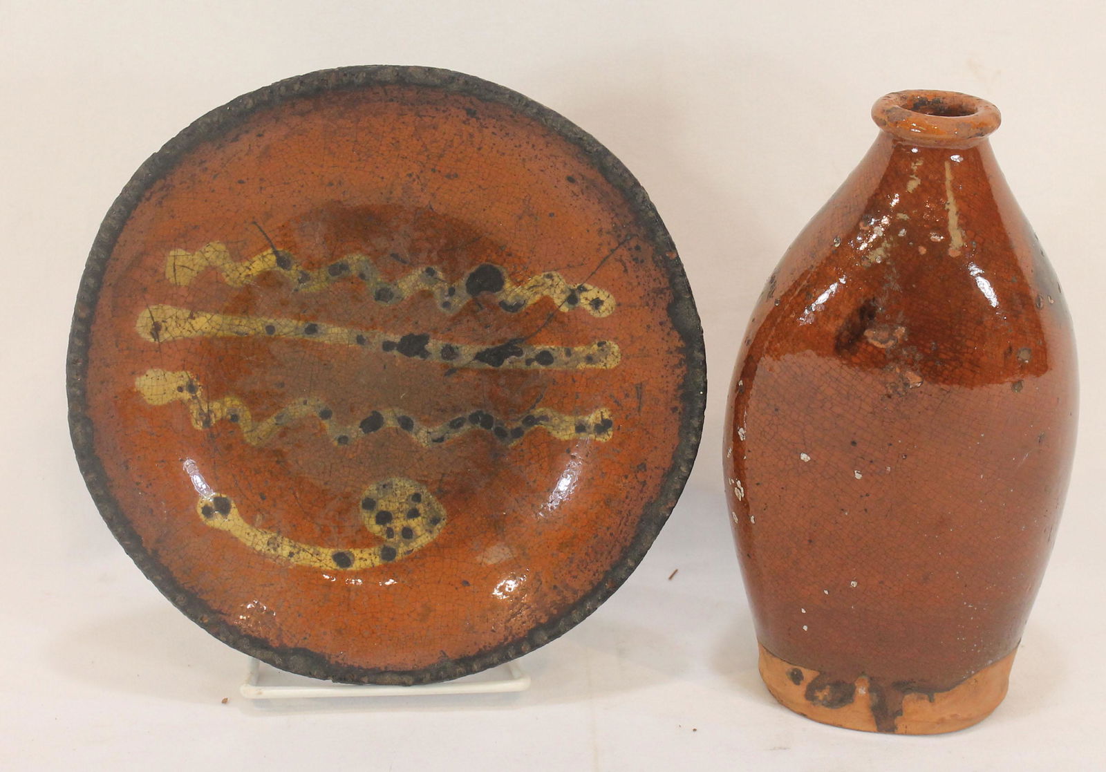 Lot of 2 antique Redware items incl 8" flask & slip dec 7 3/4" plate (1 of 7)