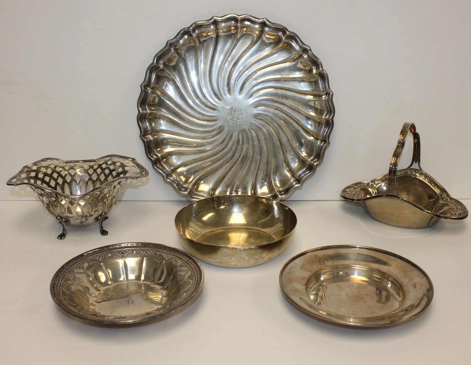 Sterling silver lot of 6 pieces incl charger, bowl, baskets & sm plates - makers incl Gorham, Towle, (1 of 15)