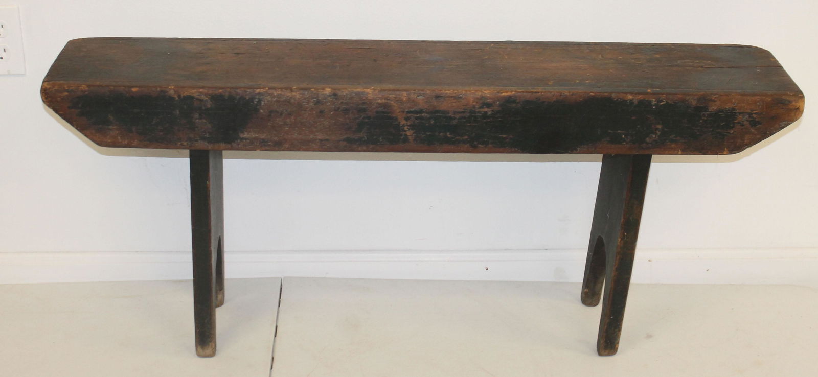 Primitive bench w half moon cutout base & traces of green paint - 17" tall x 42" wide x 9" deep (1 of 4)