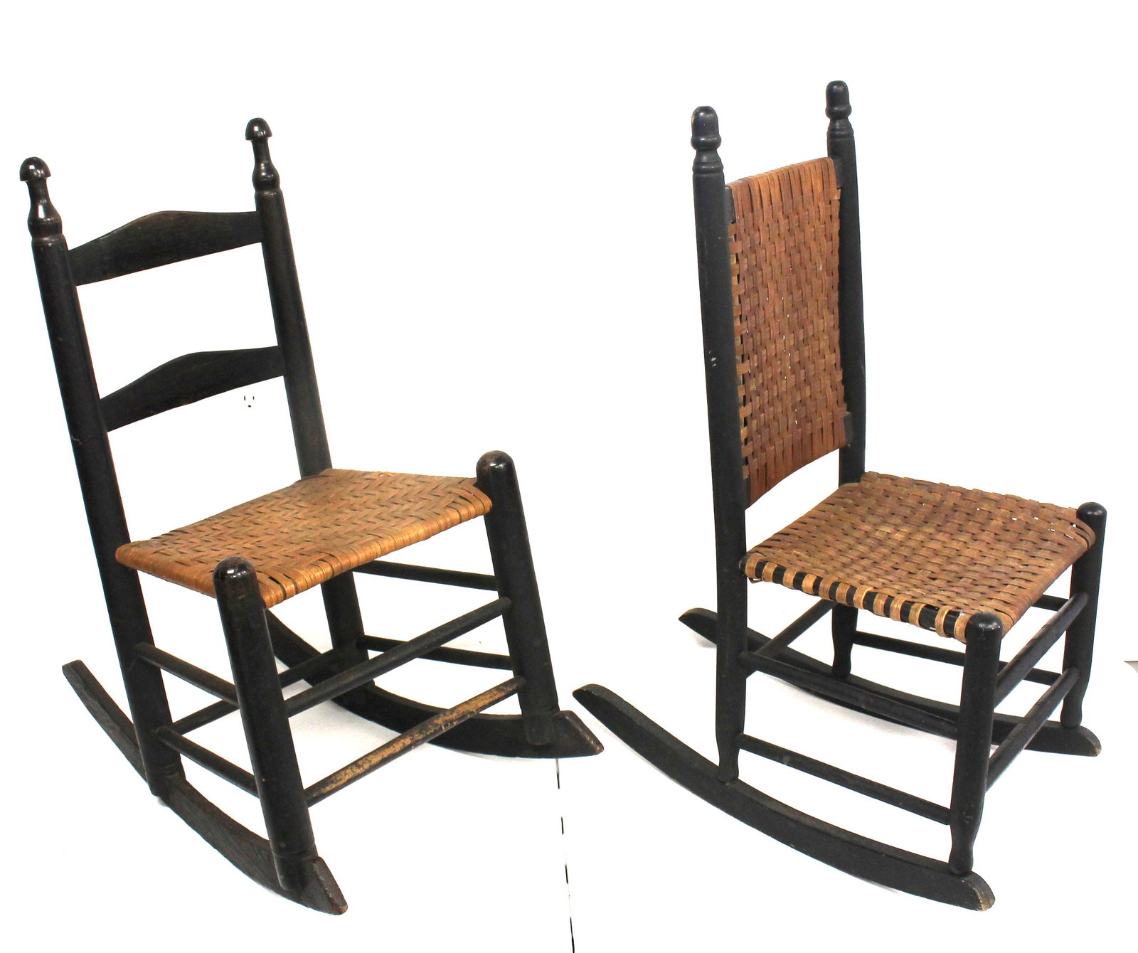 2 antique rockers in black paint w splint seats (1 w splint seat & back): 2 antique rockers in black paint w splint seats (1 w splint seat & back)