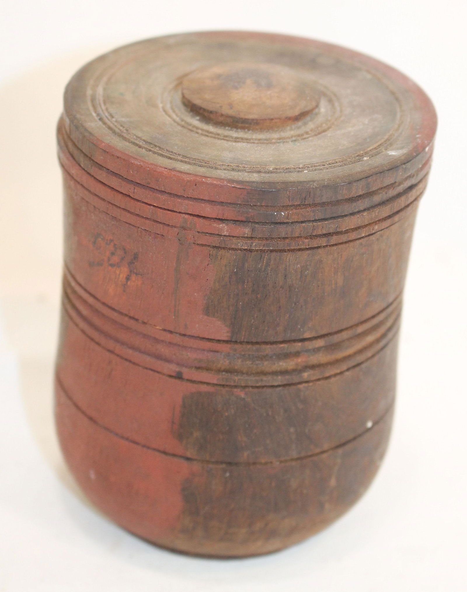 Antique treen turned covered jar w traces of red paint - 4 1/4" tall (1 of 6)