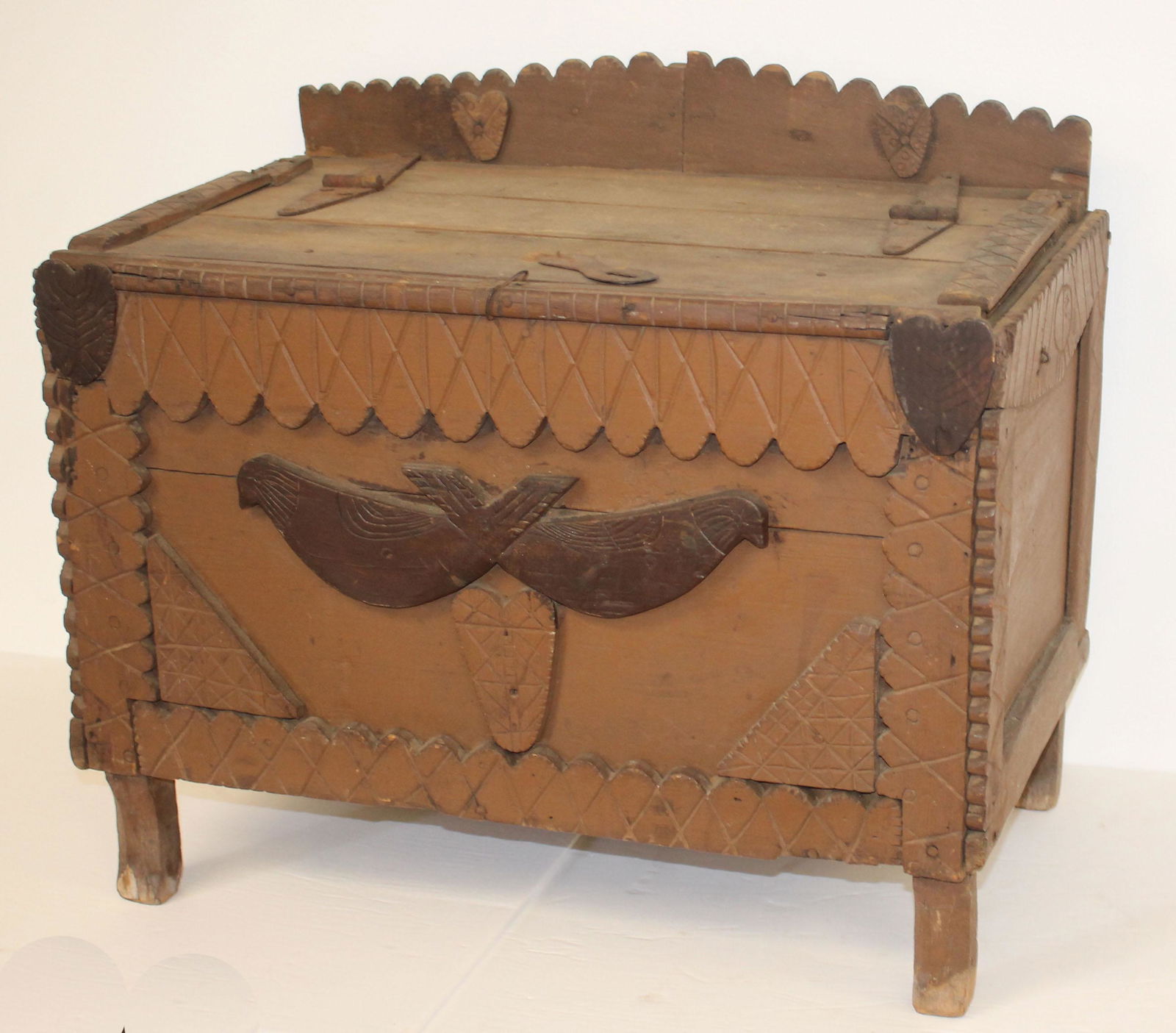 Diminutive Folk Art box w carved doves & heart decoration - 19" tall x 23 1/2" wide x 14" deep (1 of 8)