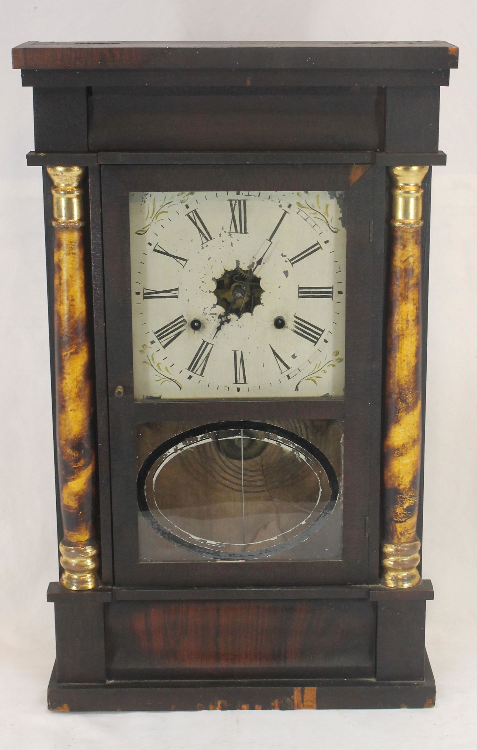 Antique mantle clock w decorated columns - as found w remnants of reverse painted door (1 of 3)