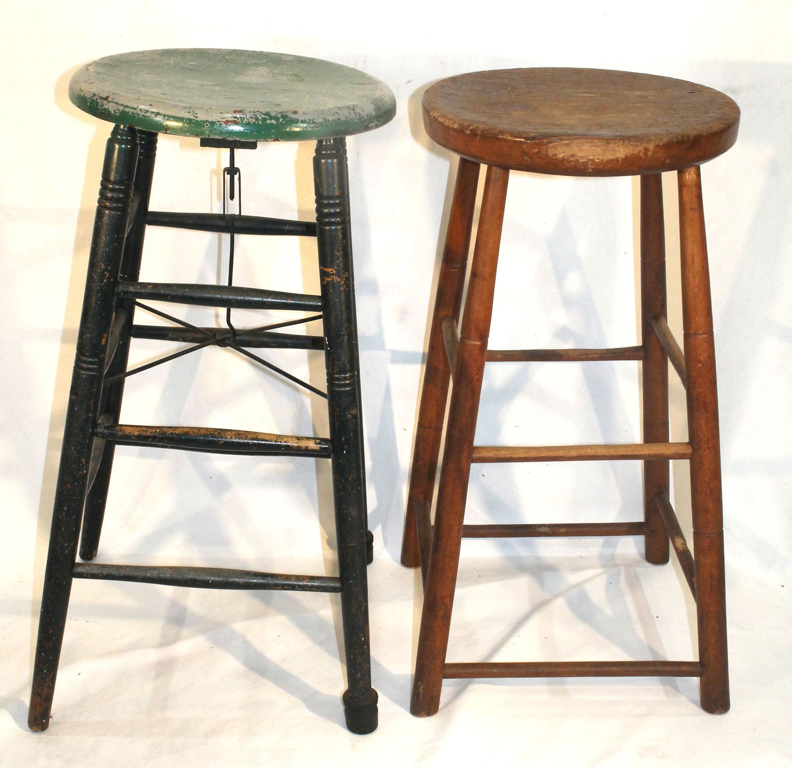 2 wooden bar stools - 1 in green paint - approx 29" tall (1 of 4)