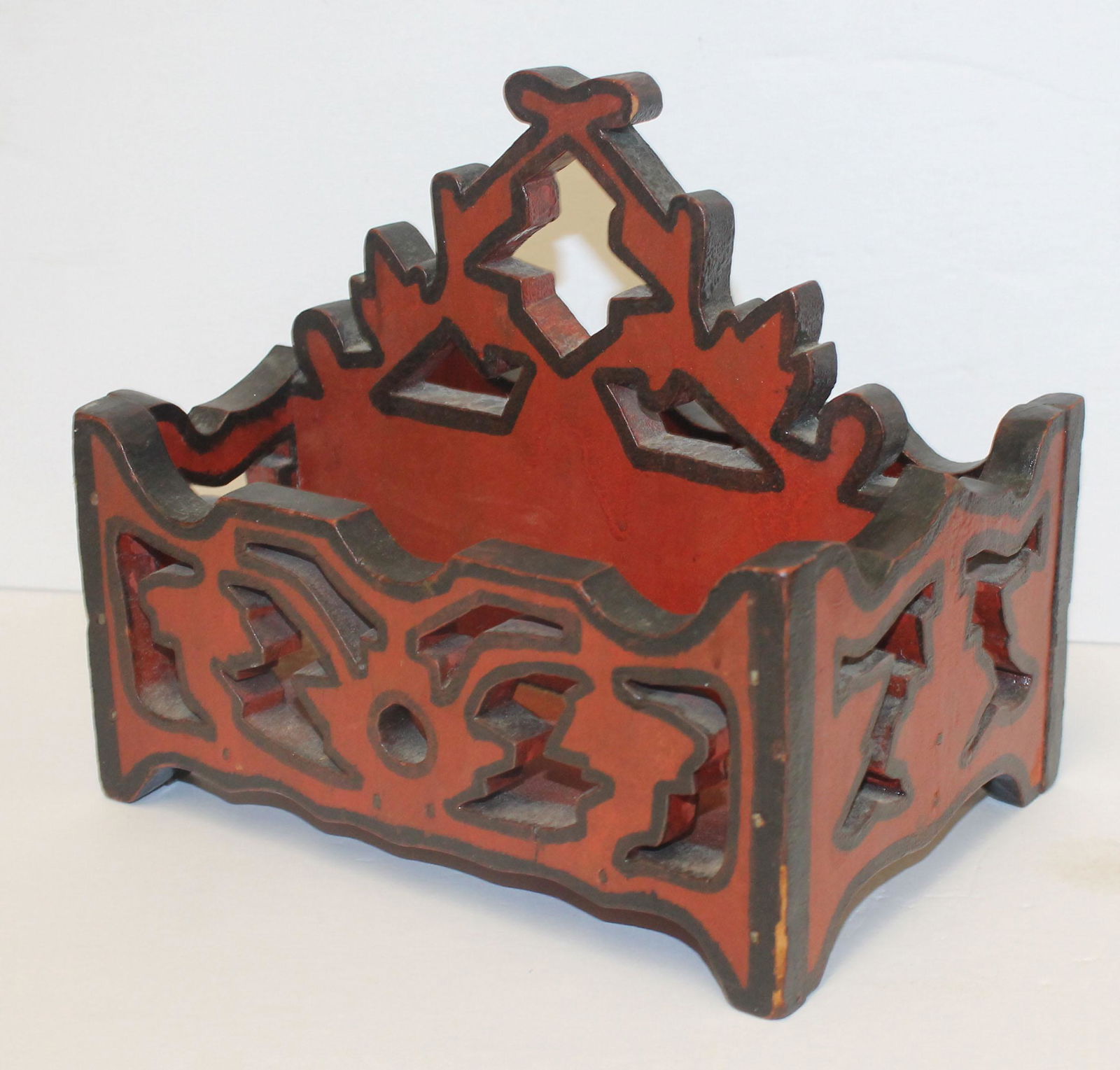 Folk Art painted red & black double sided letter box - 7 3/4" wide x7 1/2" tall x 5 3/4" deep (1 of 4)