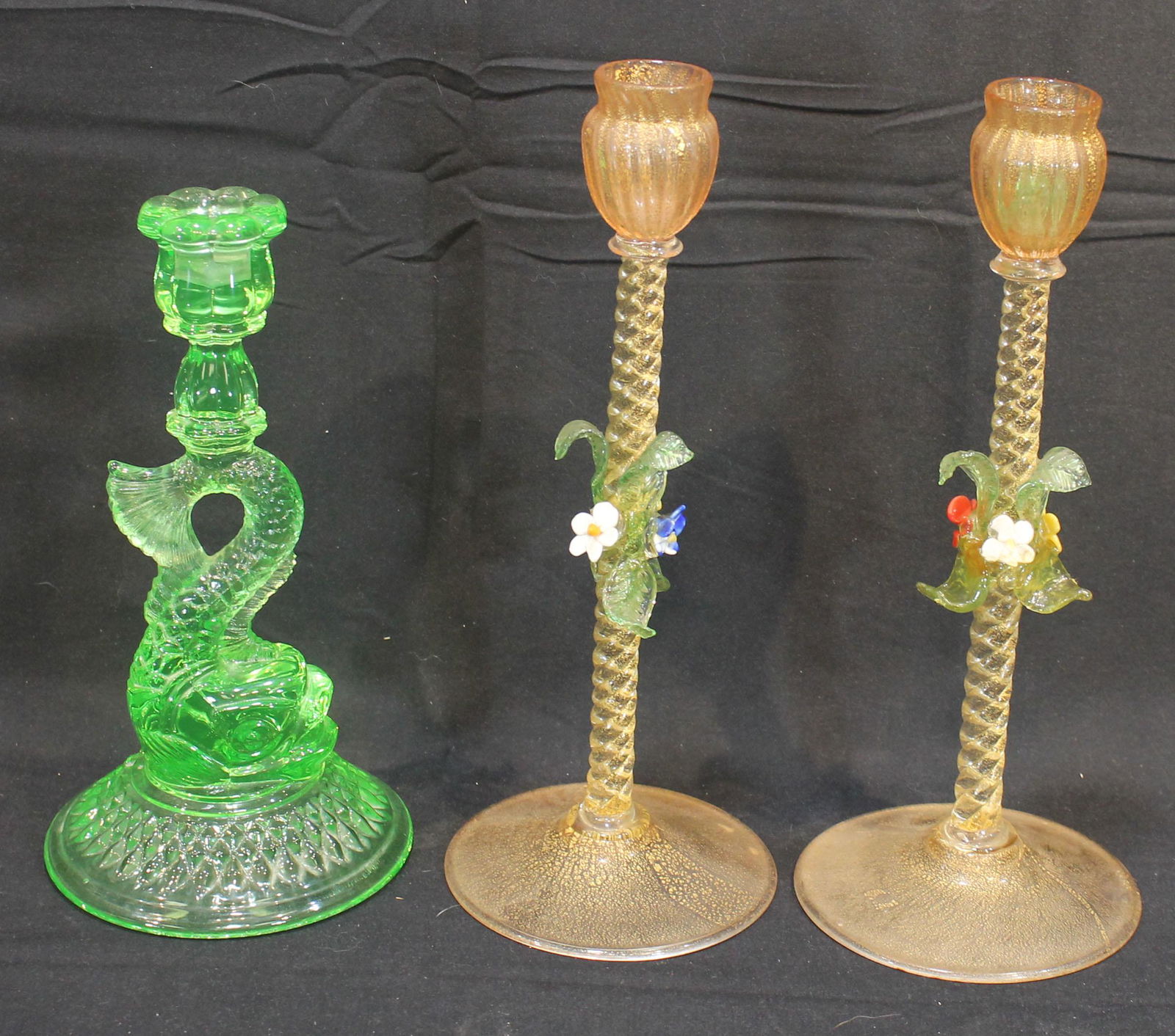 Contemporary glass candlestick lot incl 12" pair w applied floral dec & 10" reproduction Sandwich (1 of 6)