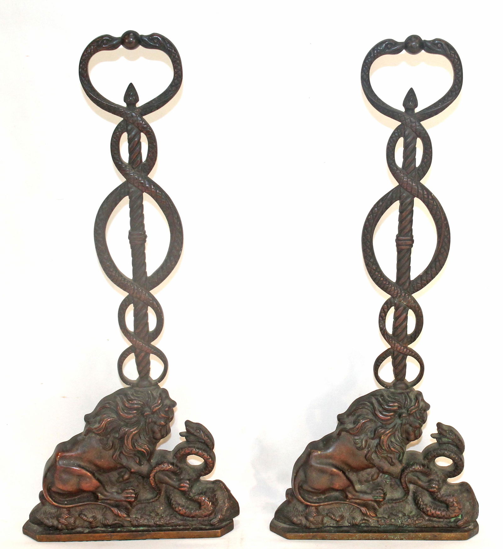 pr of painted cast lion & serpent decorated doorstops - 17 1/2" tall: pr of painted cast lion & serpent decorated doorstops - 17 1/2" tall