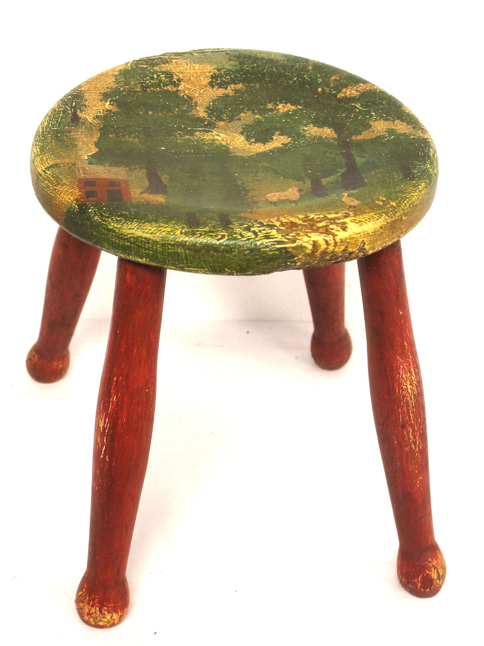 Paint decorated footstool w park motif - 12" tall (1 of 6)