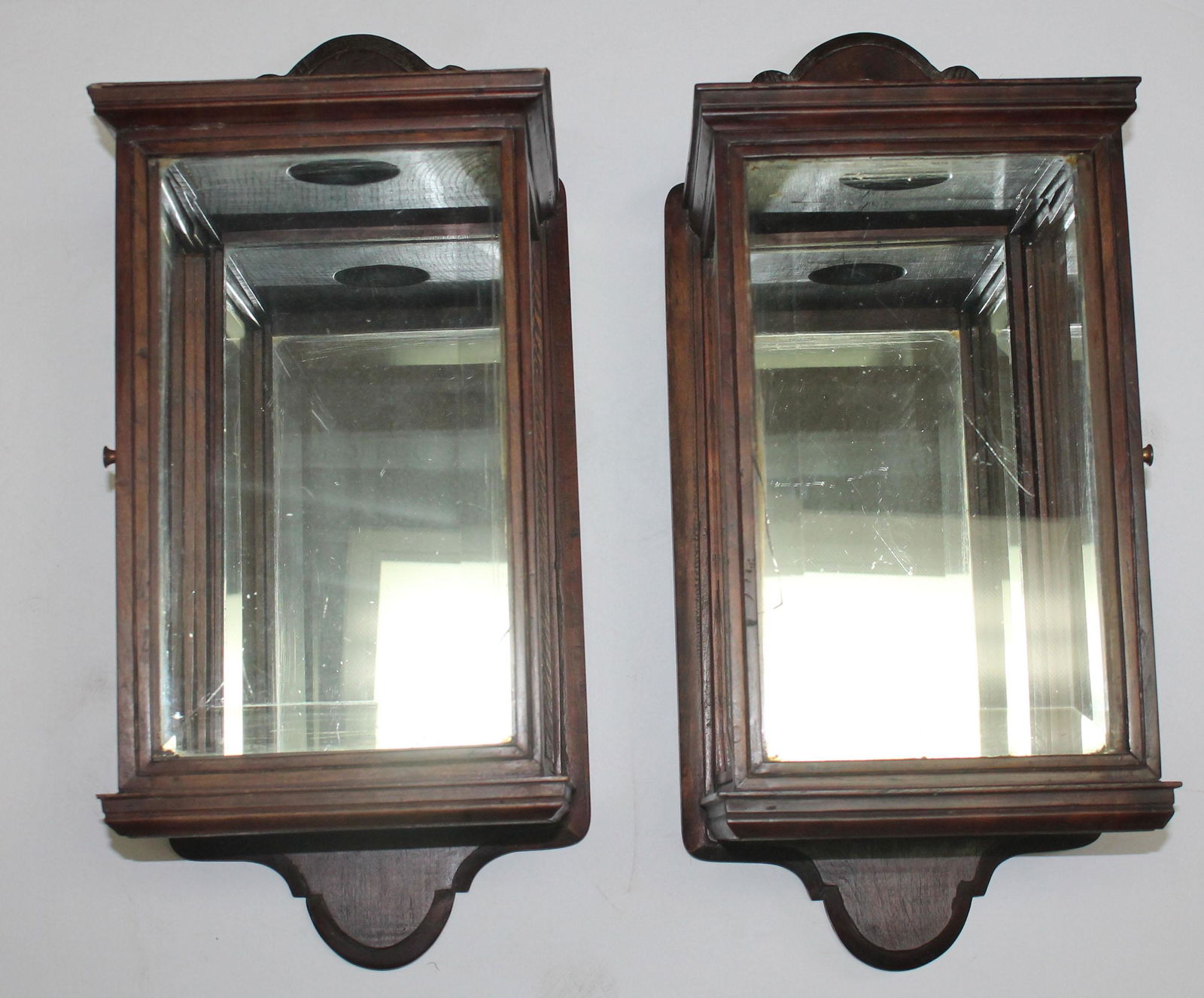 pr of Antique style carved mahog hanging lantern holders w beveled glass sides & mirrored backs - (1 of 6)