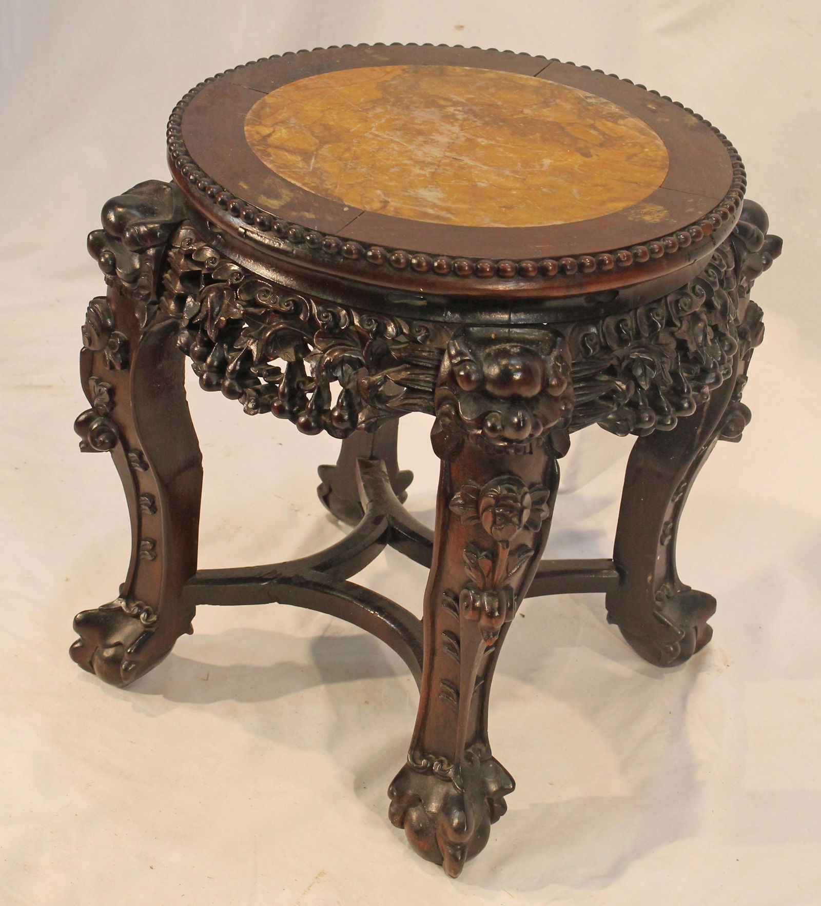 Chinese carved wood marble top taboret - 16" diam x 18" tall (1 of 6)