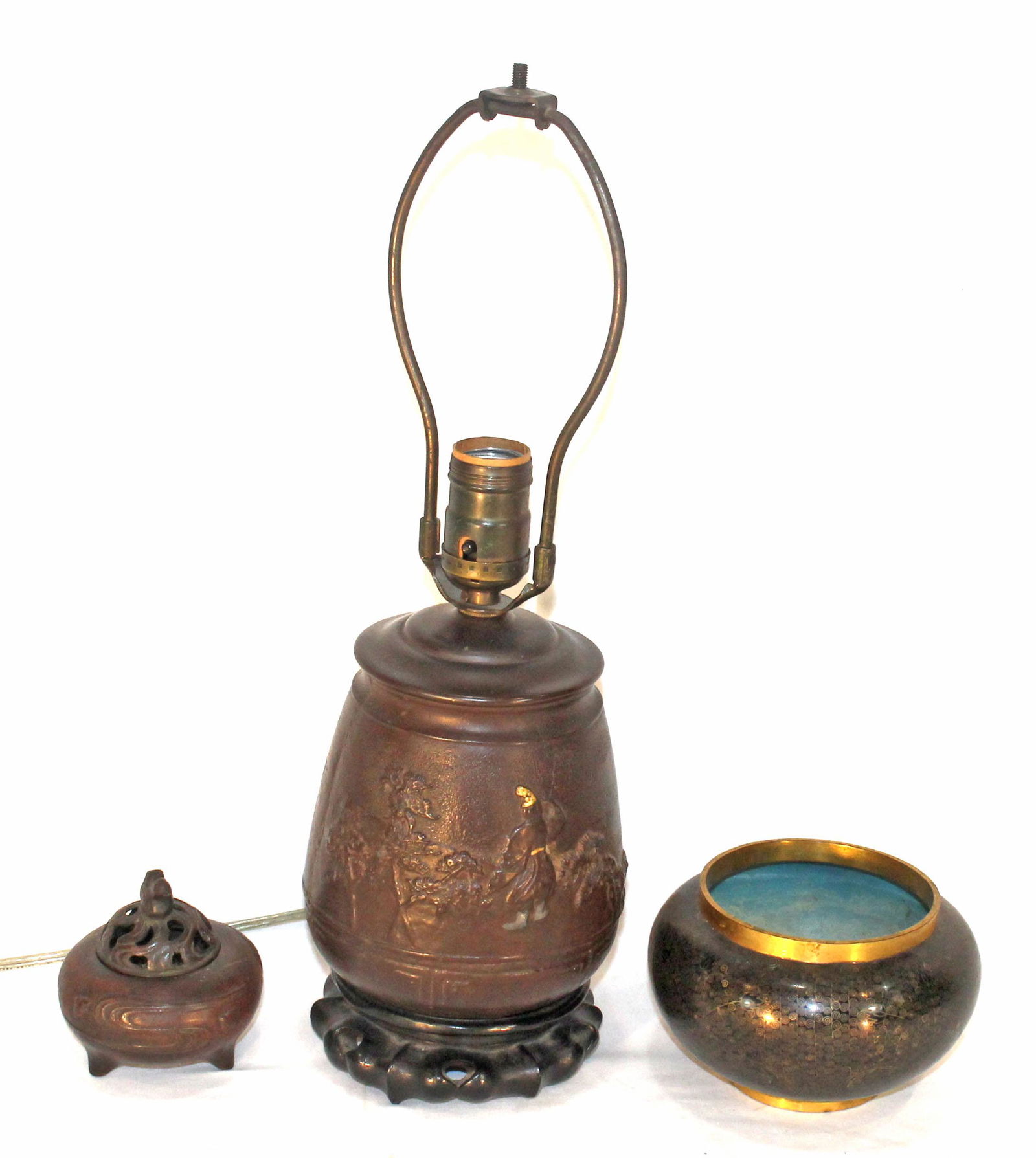 Lot of 3 Asian items incl bronze lamp base & incense burner plus a Cloisonne inlaid bowl w blue (1 of 6)