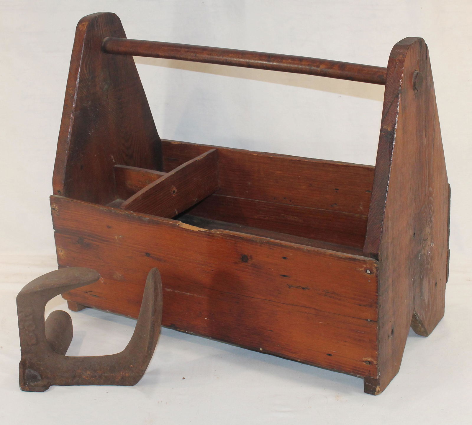 Antique wooden shoe shine box w iron shoe form - 18" tall x 21 1/2" wide x 11 1/2" deep (1 of 4)