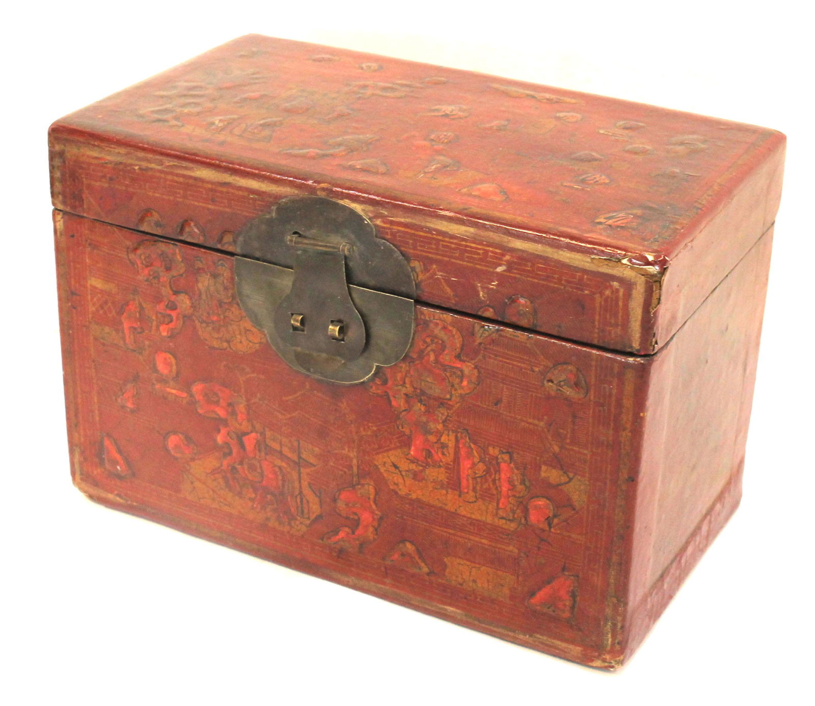 Chinese tea caddy in red lacquer decoration - 9 1/2" wide x 6 1/4" tall x 5 1/4" deep (1 of 6)
