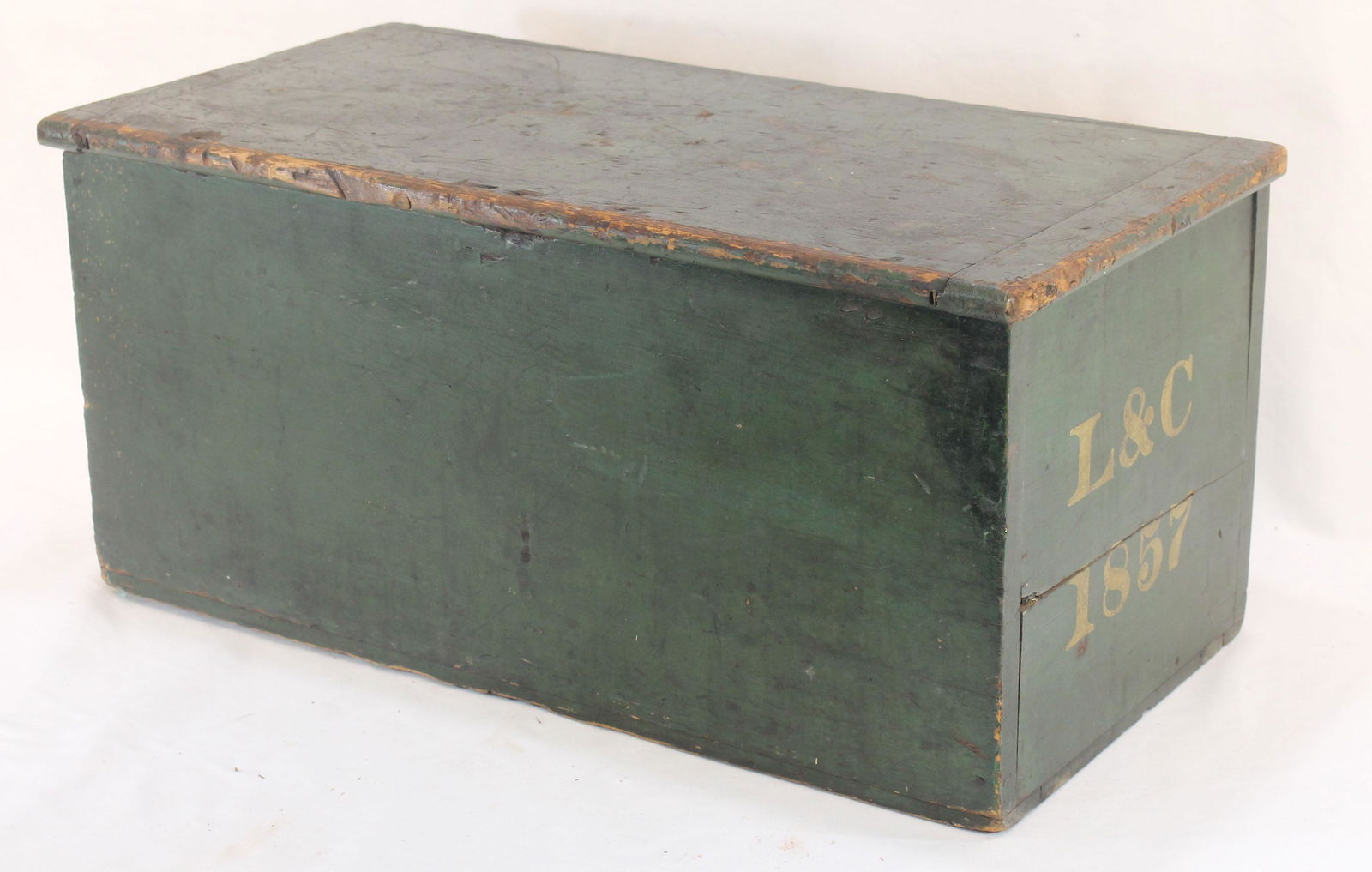Antique green painted box w "L&C 1857" painted decoration on side - as found - 11 1/2" tall x 24" (1 of 5)