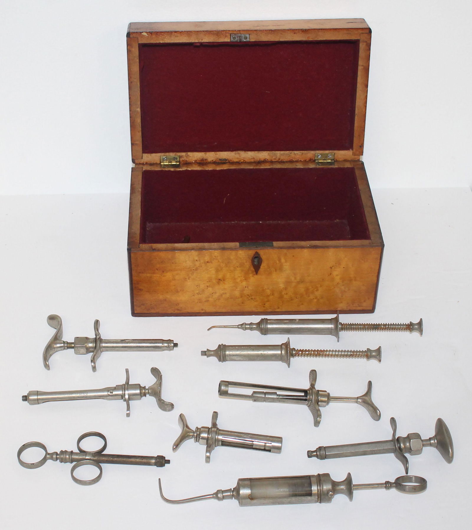 Antique inlaid box filled w stainless steel medical instruments - 9" wide x 5" tall x (1 of 7)