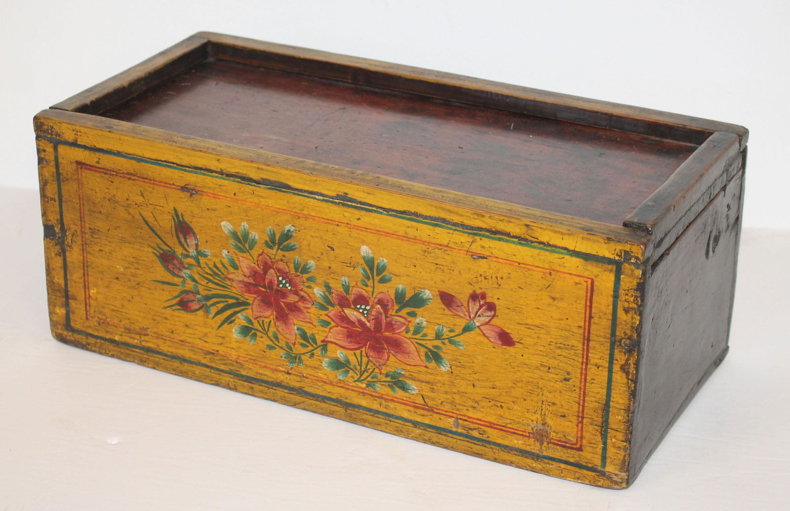 Antique slide top box w yellow floral decorated paint - 15 1/2" wide x 6" tall x 7 1/2" deep (1 of 6)