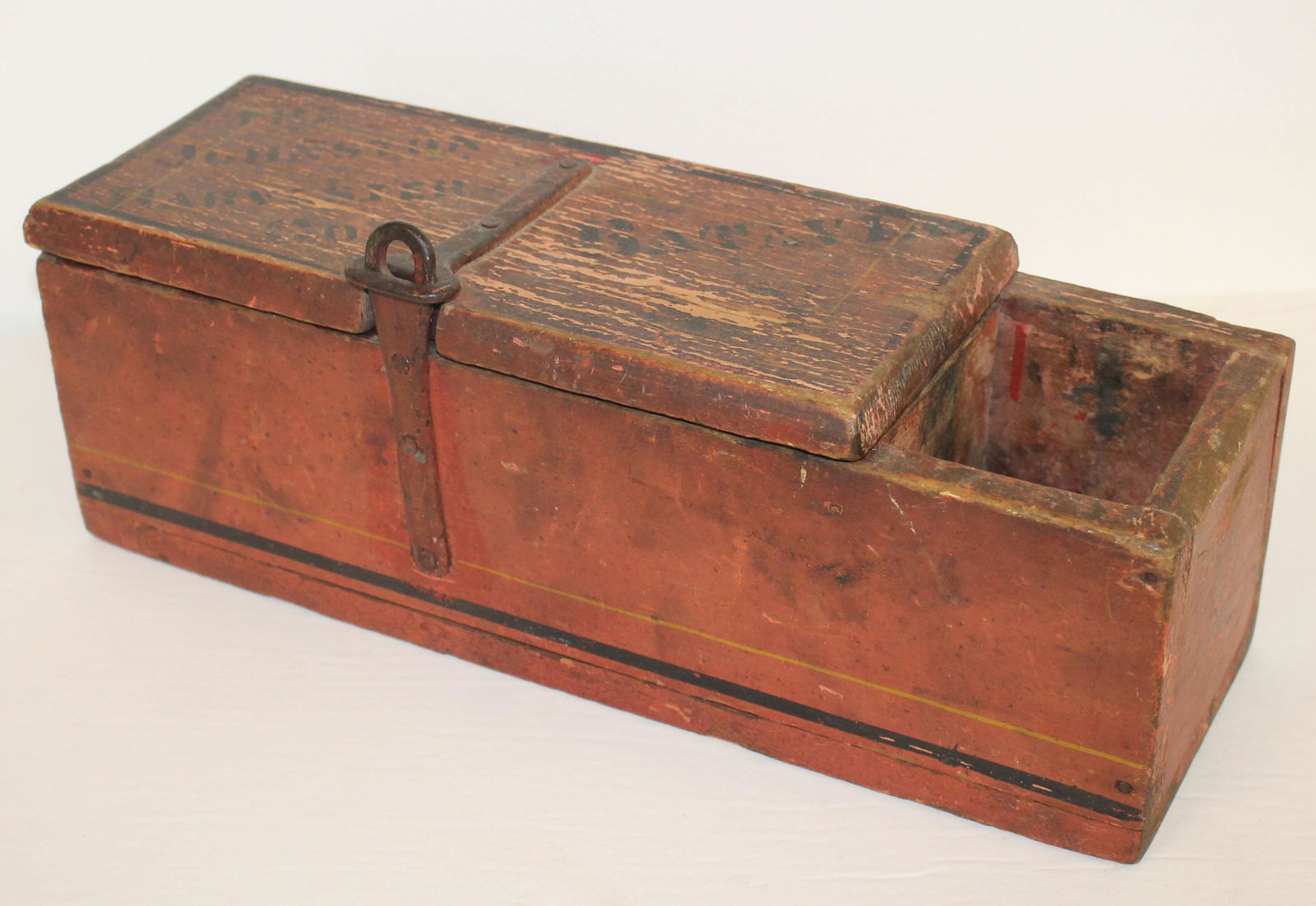 Antique wagon/carriage tool box in red paint w black pinstripes - "The Johnston Harvester Co. (1 of 7)