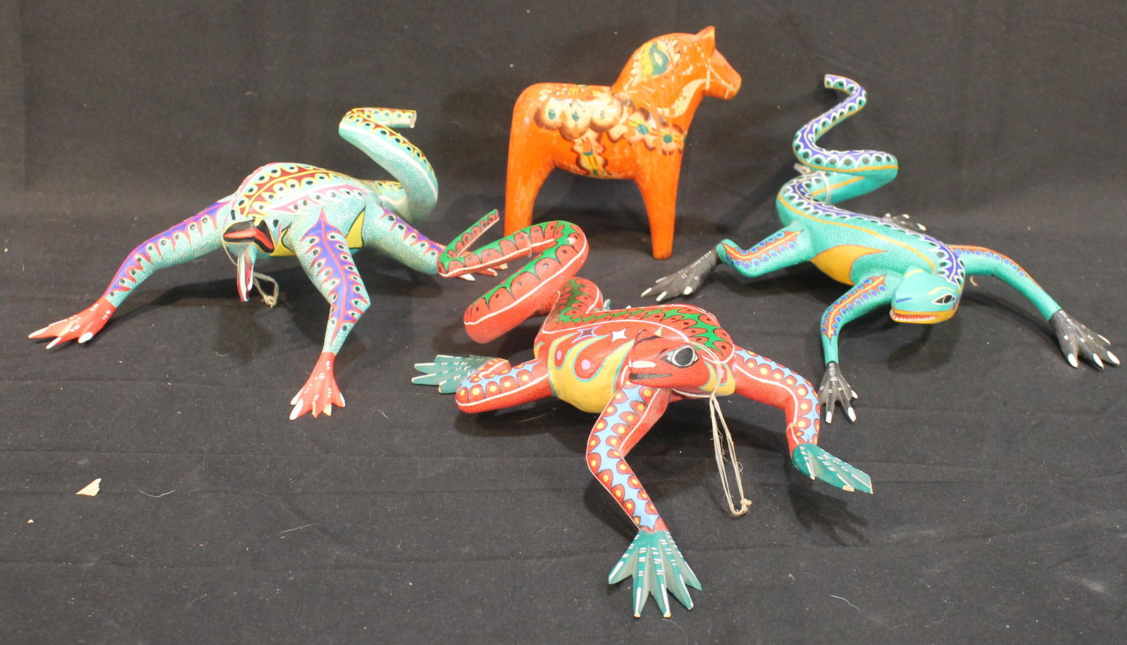 Lot of 3 Oaxaca Mexican wooden carved & painted Lizards together w a painted donkey (1 of 12)