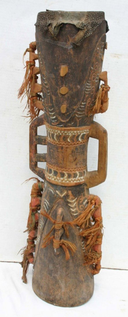 Unusual 30" tall African drum w snakeskin top: Unusual 30" tall African drum w snakeskin top