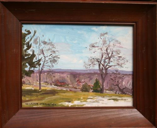 very good William Lester Stevens (1888-1969) 9x11: very good William Lester Stevens (1888-1969) 9x11 1/2" o/bd landscape w buildings, etc