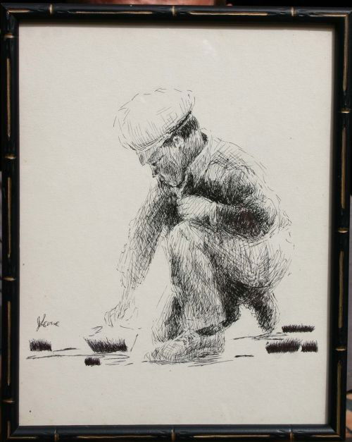 Jack Levine (1915-1910) 10 3/4 x 8 1/2 pen & ink o: Jack Levine (1915-1910) 10 3/4 x 8 1/2 pen & ink of a boy w cap kneeling by a marsh