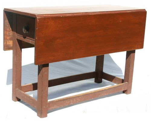 rare period Chippendale ca 1750-1780 stretcher bas: rare period Chippendale ca 1750-1780 stretcher based dropleaf 2 drawer NH farm table in old red paint