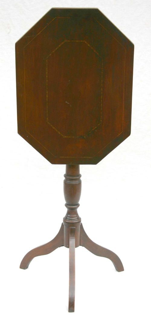 early 19thC period mahogany octagonal tilt top spi: early 19thC period mahogany octagonal tilt top spider leg candlestand w orig inlay