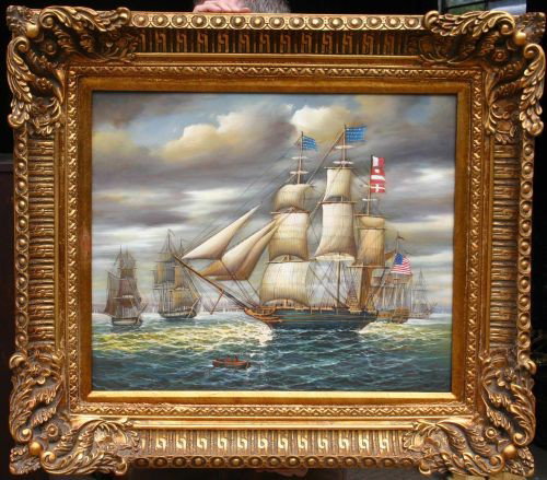 sgnd Hall 20x24 o/c of 5 tall ships - 1 flying US : sgnd Hall 20x24 o/c of 5 tall ships - 1 flying US flag - in fancy frame
