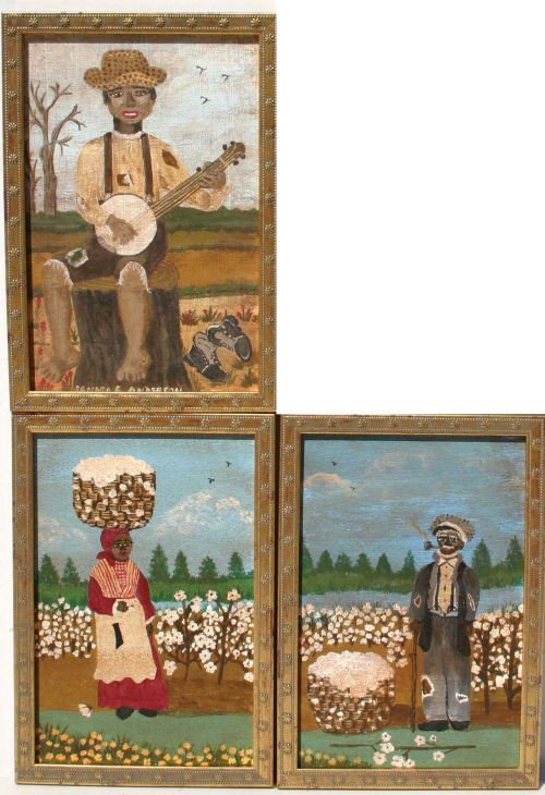 lot of 3 Sandra Elizabeth Anderson 9x6 o/bd Africa: lot of 3 Sandra Elizabeth Anderson 9x6 o/bd African American genre paintings in matching frames depicting cotton pickers & a banjo player