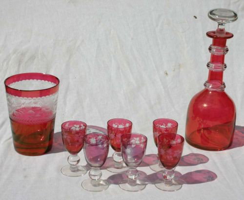 antique ruby flashed & wheel cut liquor set w deca: antique ruby flashed & wheel cut liquor set w decanter, ice bucket & 6 glasses
