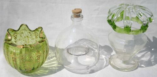 lot of 3 pieces of antique glass incl fly catcher,: lot of 3 pieces of antique glass incl fly catcher, enam dec vase & flower frog vase
