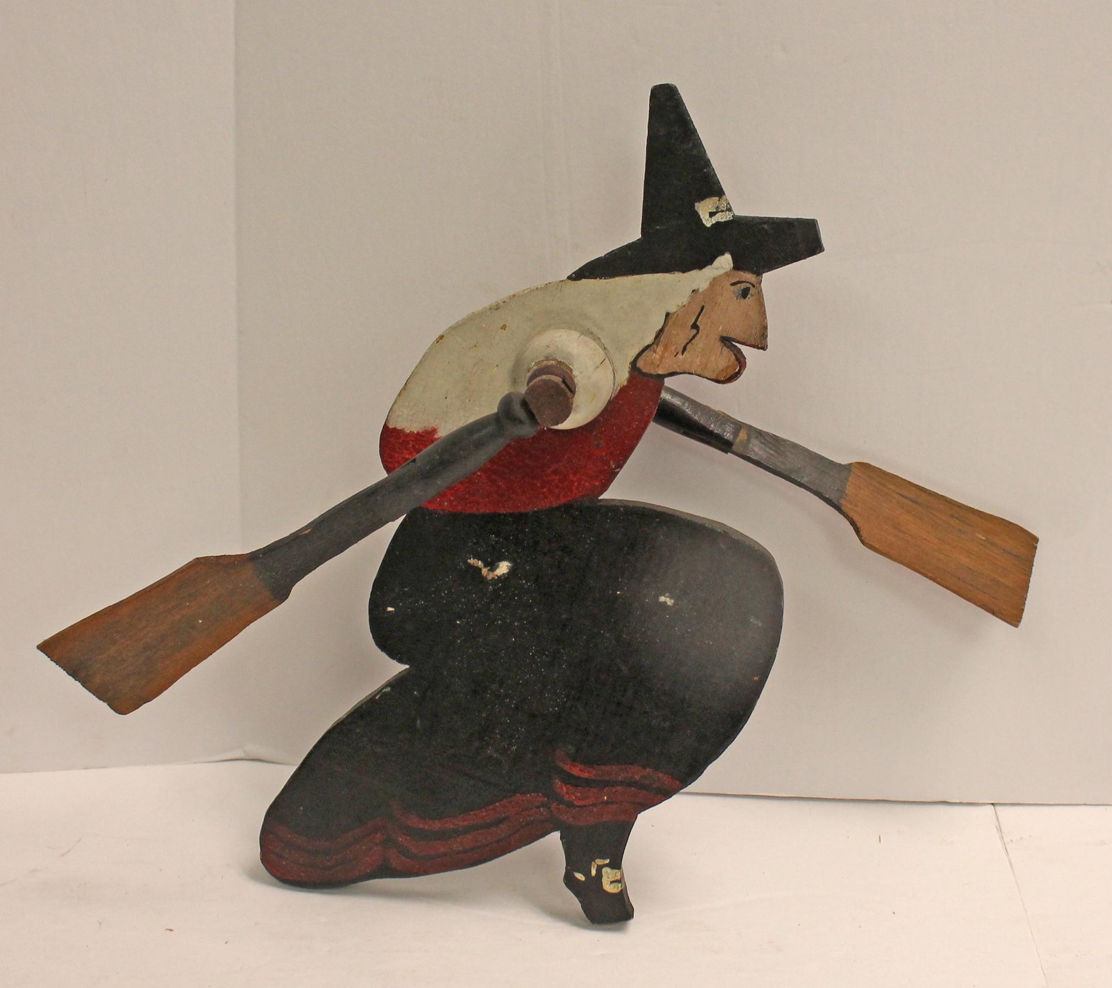Carved & painted wood witch form whirligig - approx 12" tall x 15" long: Carved & painted wood witch form whirligig - approx 12" tall x 15" long
