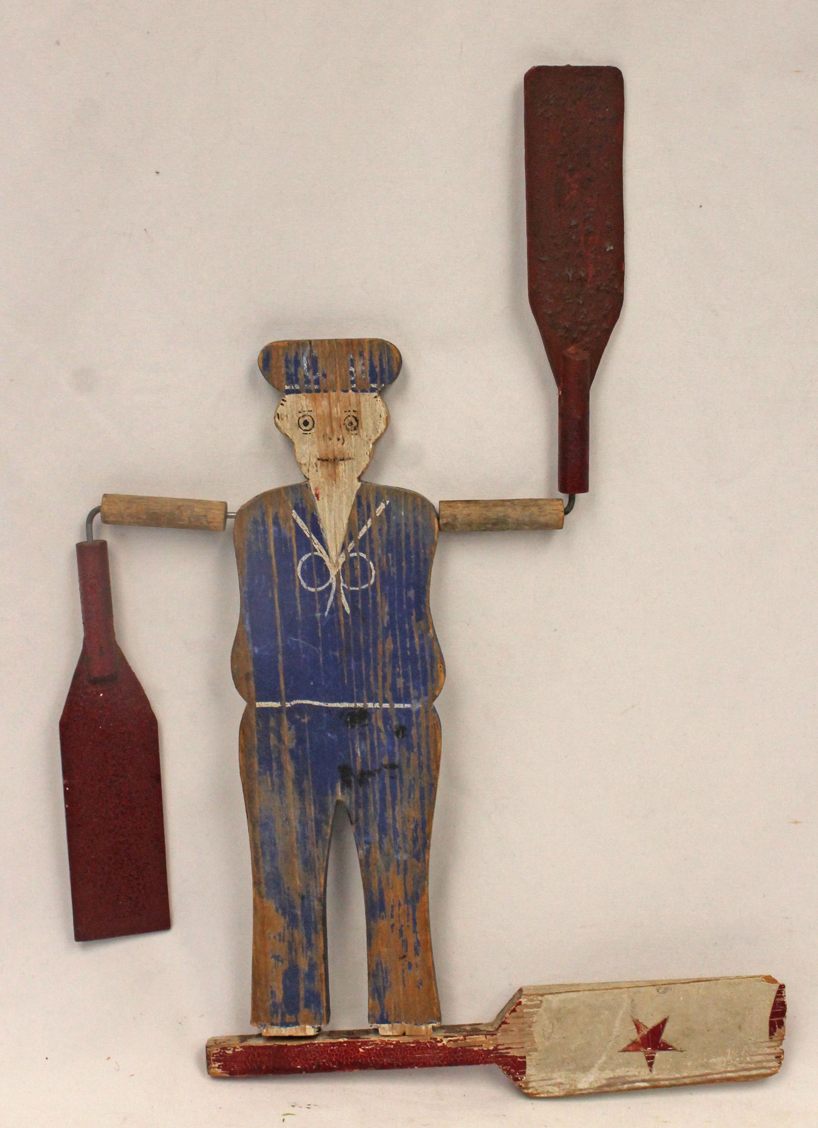 Carved & painted wood sailor form whirligig - 12" tall sailor - approx 17" tall to top of extended (1 of 4)