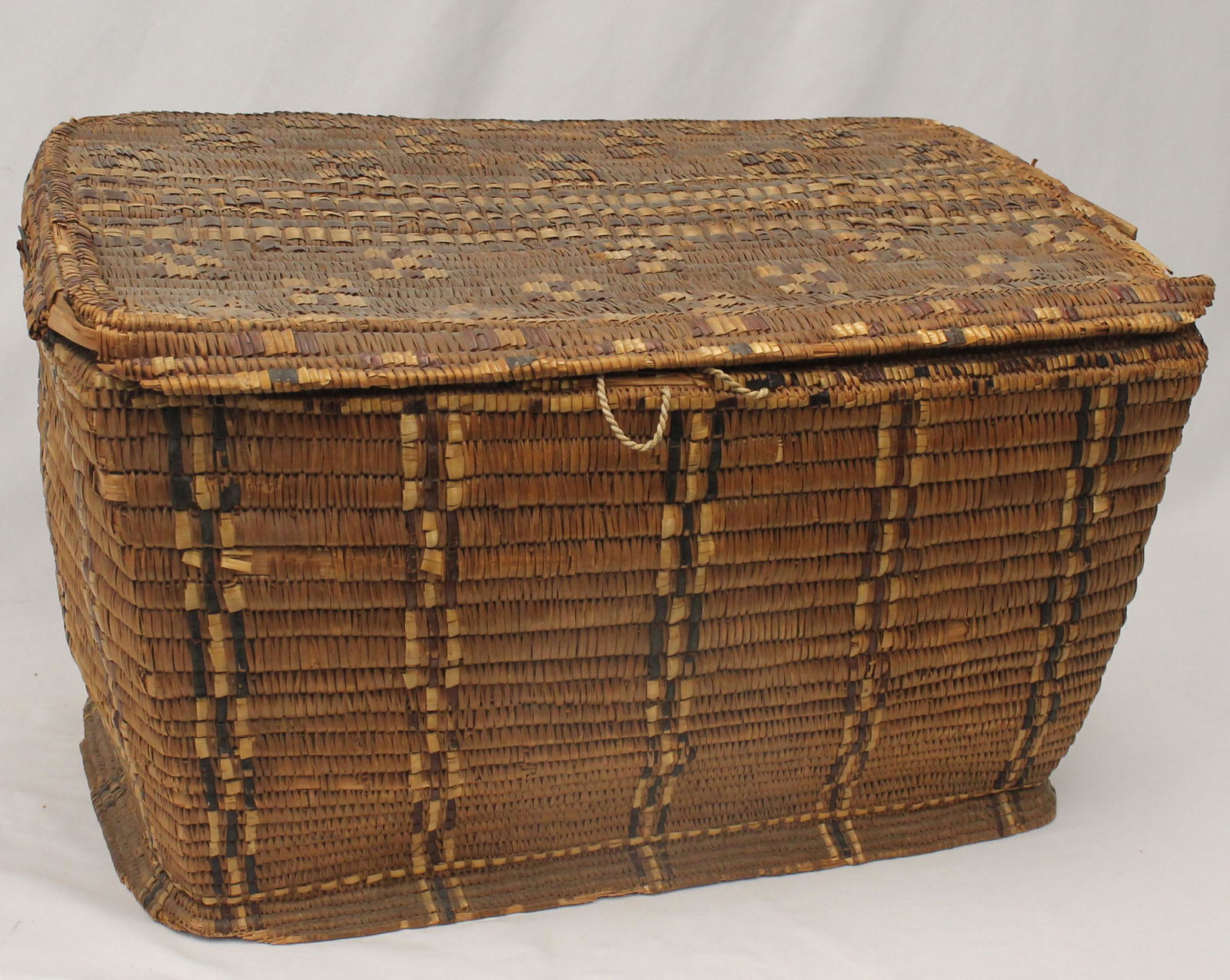 Large late 19thC Salish NW Native American lidded polychrome dec basket - as found condition - 26" (1 of 7)